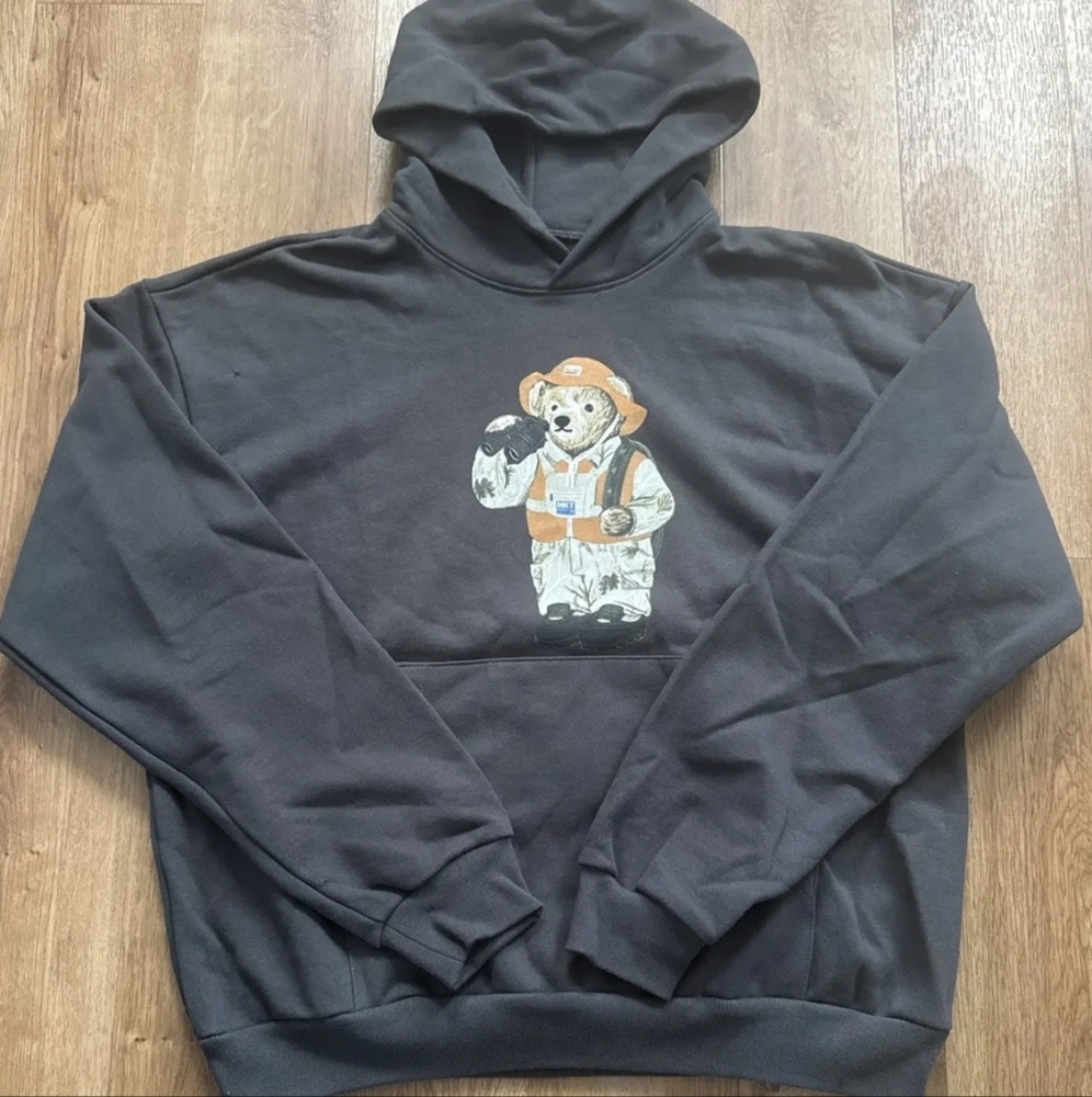 NWT Authentic Market Studios HUNTER BEAR COTTON HOODIE IN WASHED-BLACK, Size 2XL